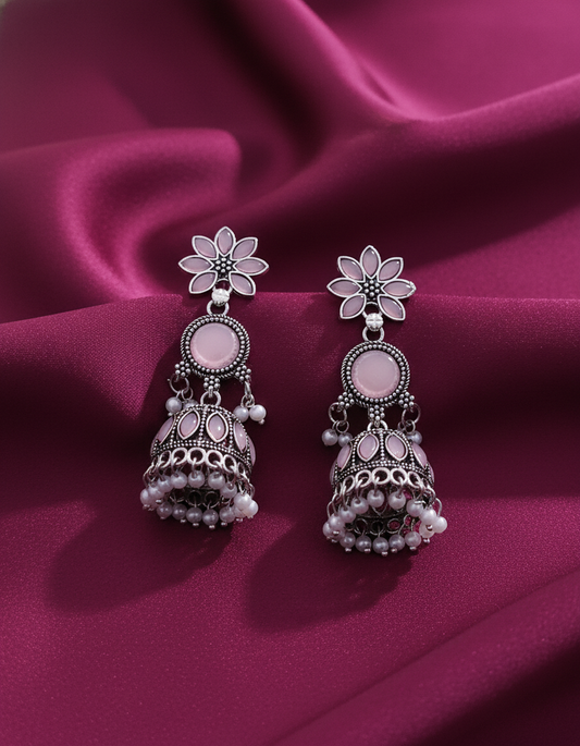 Elegant Pink Stone & Pearl Oxidized Silver Jhumka Earrings