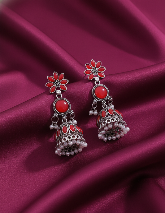 Stunning Red Oxidized Silver Jhumka Earrings with Floral Stud & Pearl Drops