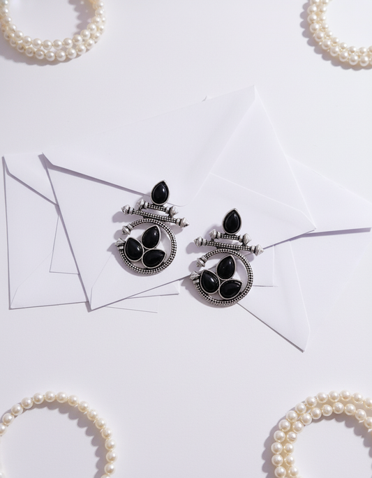 Stunning Oxidized Silver Ethnic Earrings with Black Gemstones