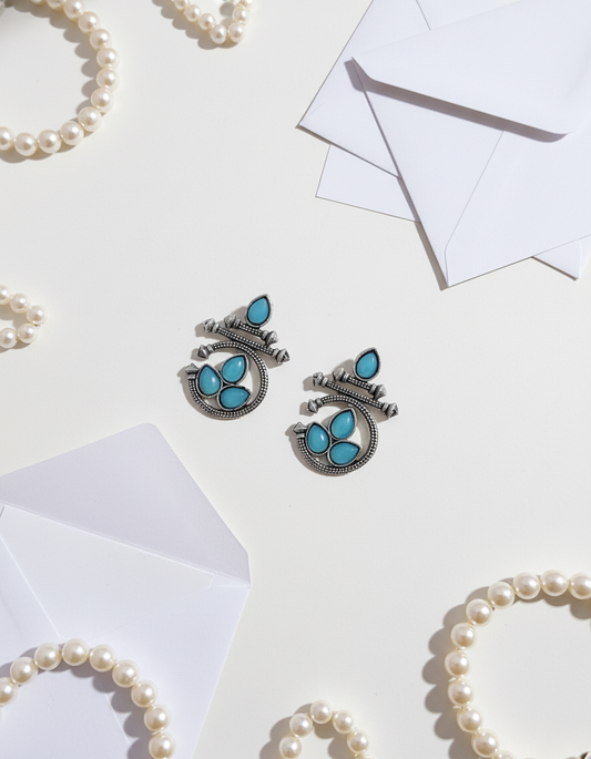 Elegant Oxidized Silver Turquoise Earrings & Pearl Jewelry Set