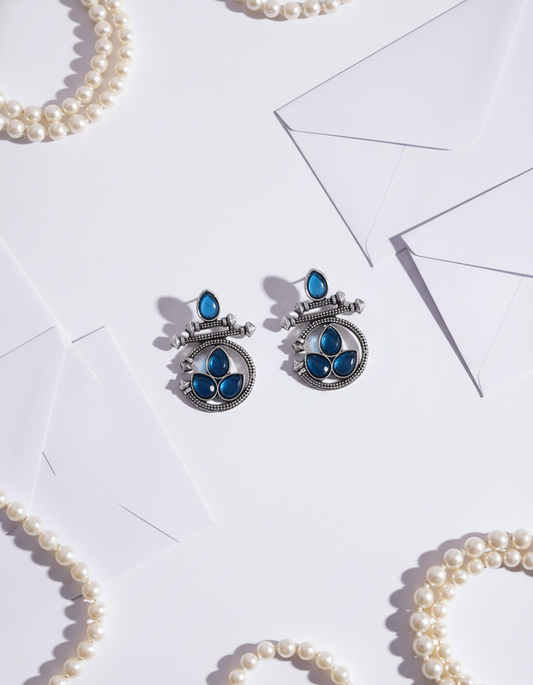 Elegant Oxidized Silver Blue Gemstone Earrings & Pearl Accents