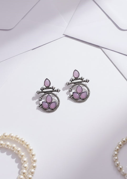 Oxidized Silver Ethnic Stud Earrings with Lavender Stones