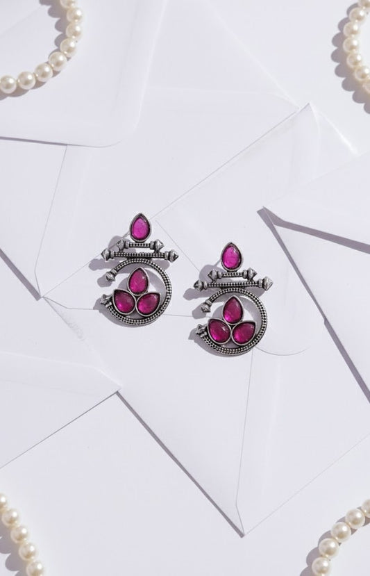Exquisite Oxidized Silver & Magenta Pink Stone Earrings