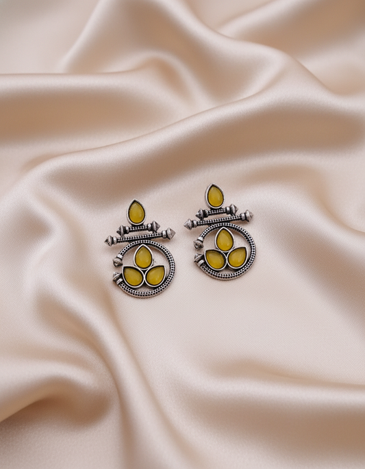 Ethnic Oxidized Silver Drop Earrings with Yellow & Black Stones