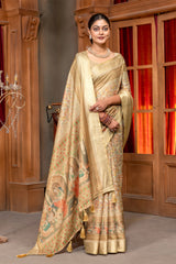 Elegant Beige Art Silk Saree with Mughal Digital Print and Golden Zari Border