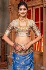 Royal Blue Tusser Silk Saree with Exquisite Mythological Pichwai Prints and Zari Border