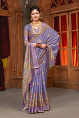 Elegant Lavender Digital Print Silk Blend Saree with Mythological Motifs & Zari Border