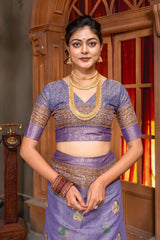 Elegant Lavender Digital Print Silk Blend Saree with Mythological Motifs & Zari Border