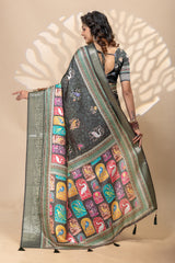 Mystique Charcoal Grey Heritage Bird Print Art Silk Saree with Zari Border