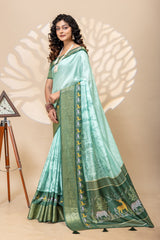 Ethereal Mint Green Silk Blend Saree with Enchanted Forest Animal Motifs