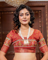Exquisite Navy Blue & Rust Red Patola Silk Saree with Elegant Zari Border