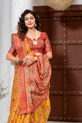 Exquisite Mustard & Rust Patola Print Art Silk Saree