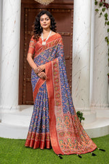 Exquisite Navy Blue & Rust Red Patola Silk Saree with Elegant Zari Border