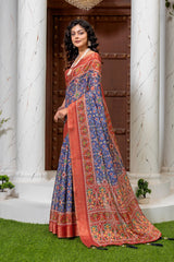 Exquisite Navy Blue & Rust Red Patola Silk Saree with Elegant Zari Border