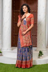 Exquisite Navy Blue & Rust Red Patola Silk Saree with Elegant Zari Border