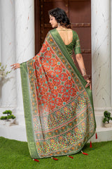 Vibrant Red & Green Heritage Patola Print Silk Blend Saree