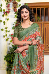 Elegant Heritage Green & Red Patola Print Art Silk Saree