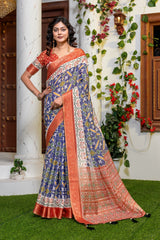 Indigo Radiance: Elegant Patola Print Art Silk Saree with Zari Border