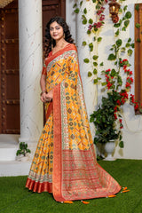Elegant Mustard Yellow Patola Silk Saree with Rich Red Zari Border