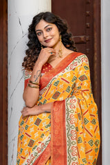 Elegant Mustard Yellow Patola Silk Saree with Rich Red Zari Border