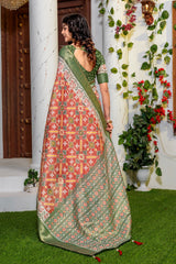 Elegant Red & Forest Green Patola Print Art Silk Saree with Zari Border
