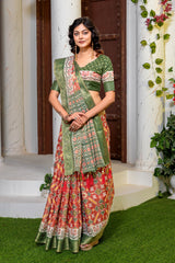 Elegant Red & Forest Green Patola Print Art Silk Saree with Zari Border