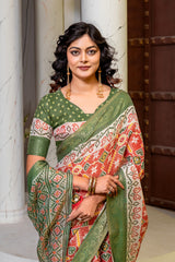 Vibrant Red & Green Heritage Patola Print Silk Blend Saree