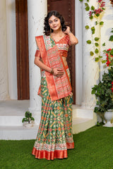 Vibrant Green Patola Silk Saree with Elegant Zari Border