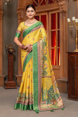 Radiant Yellow Tussar Silk Saree with Mughal Garden Digital Print