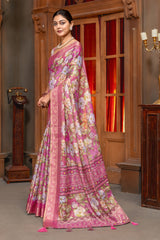 Radiant Pink Floral Digital Print Art Silk Saree with Elegant Zari Border