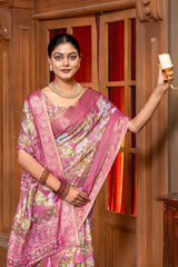 Radiant Pink Floral Digital Print Art Silk Saree with Elegant Zari Border