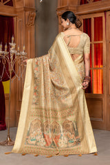 Elegant Beige Art Silk Saree with Mughal Digital Print and Golden Zari Border