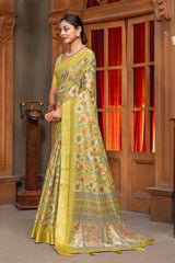 Elegant Olive Green Floral Digital Print Organza Silk Saree with Zari Border
