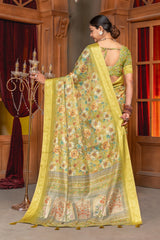 Elegant Olive Green Floral Digital Print Organza Silk Saree with Zari Border