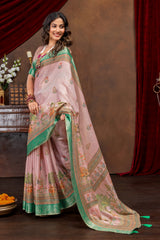 Enchanting Baby Pink Art Silk Saree with Traditional Digital Print & Emerald Green Border