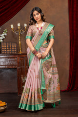 Enchanting Baby Pink Art Silk Saree with Traditional Digital Print & Emerald Green Border