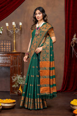 Elegant Emerald Banarasi Silk Saree with Ornate Copper Zari Work