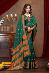 Elegant Emerald Banarasi Silk Saree with Ornate Copper Zari Work