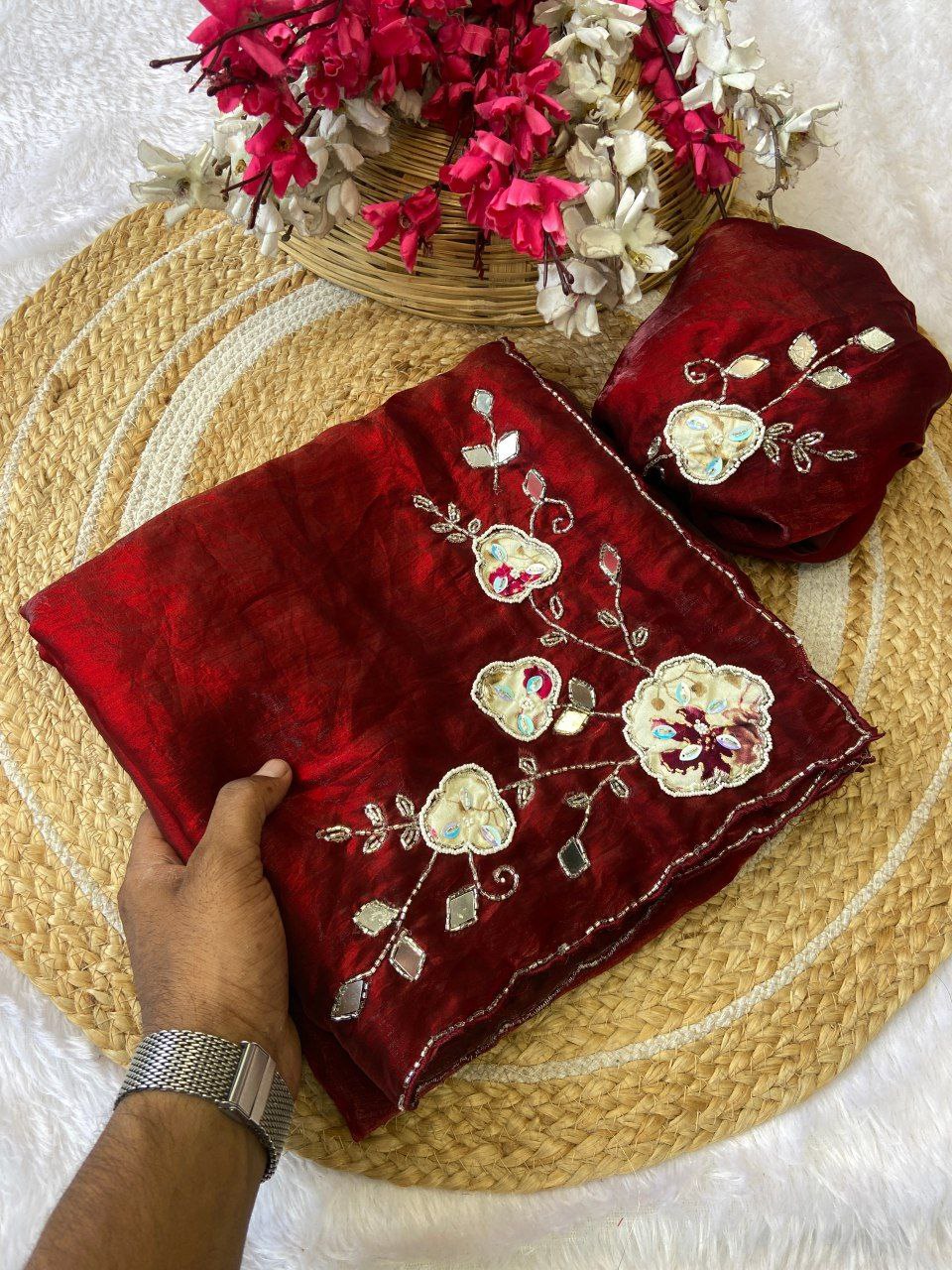 Elegant Fandy Satin Saree with Floral Embroidery and Mirror Work