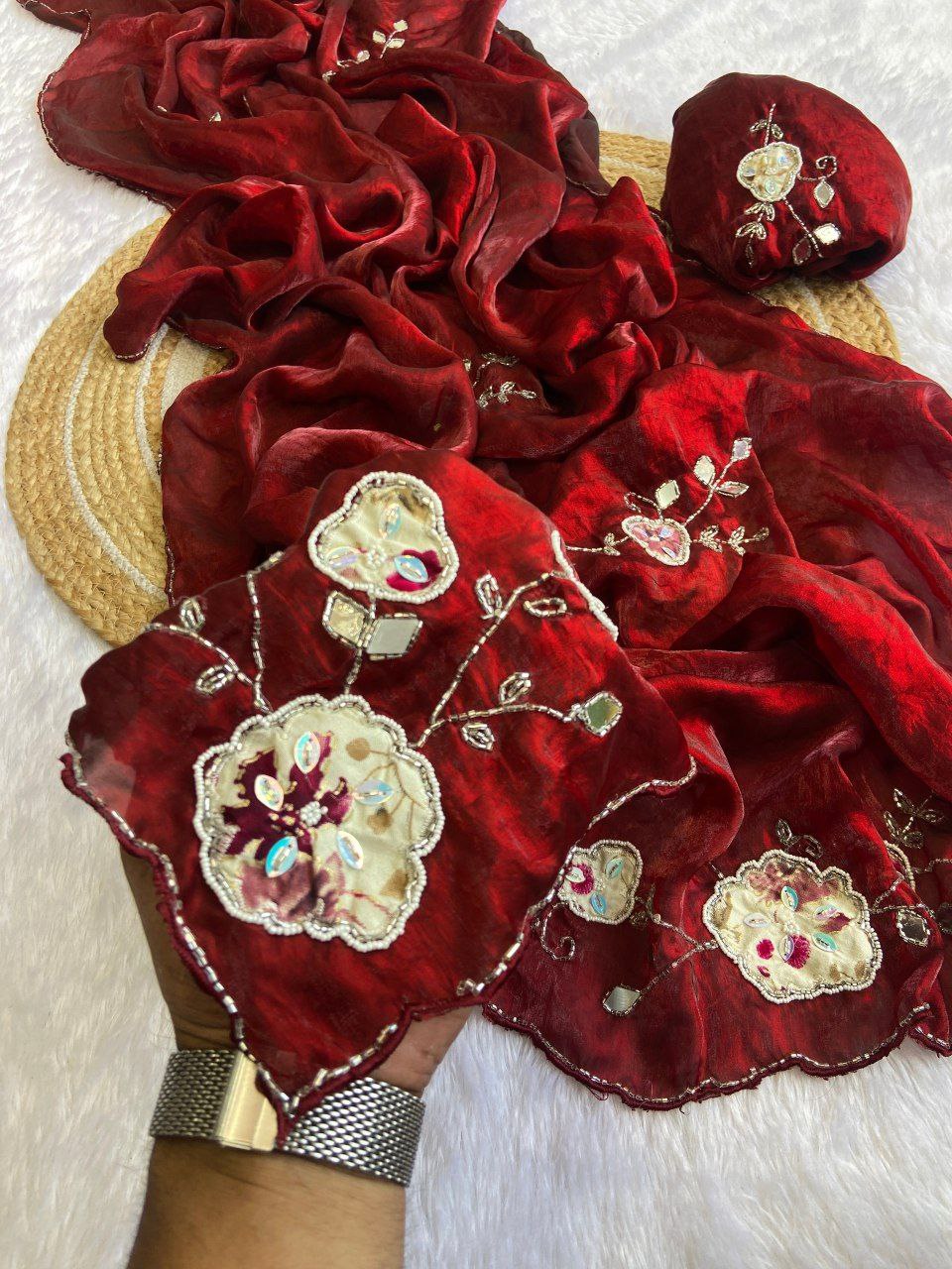 Elegant Fandy Satin Saree with Floral Embroidery and Mirror Work