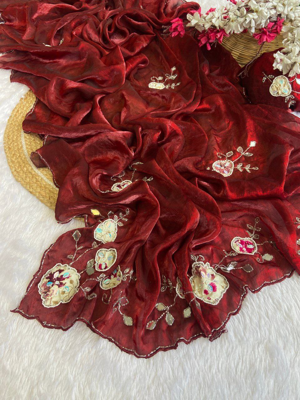 Elegant Fandy Satin Saree with Floral Embroidery and Mirror Work