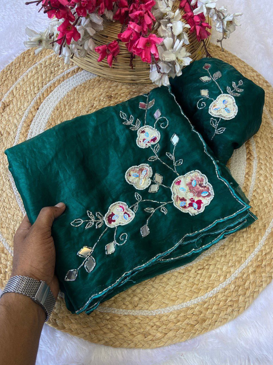 Elegant Fandy Satin Saree with Floral Embroidery and Mirror Work