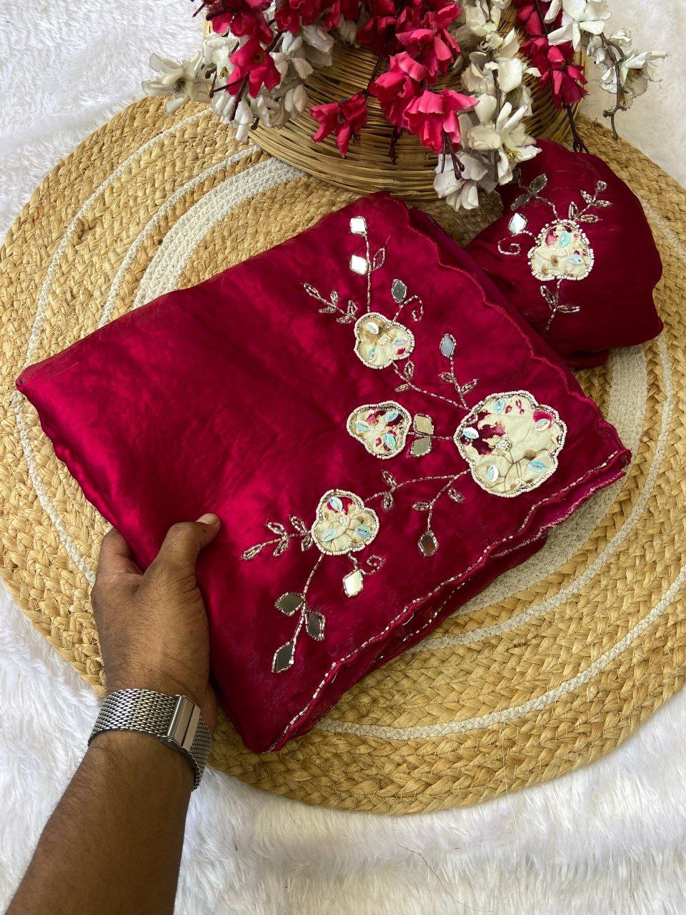 Elegant Fandy Satin Saree with Floral Embroidery and Mirror Work