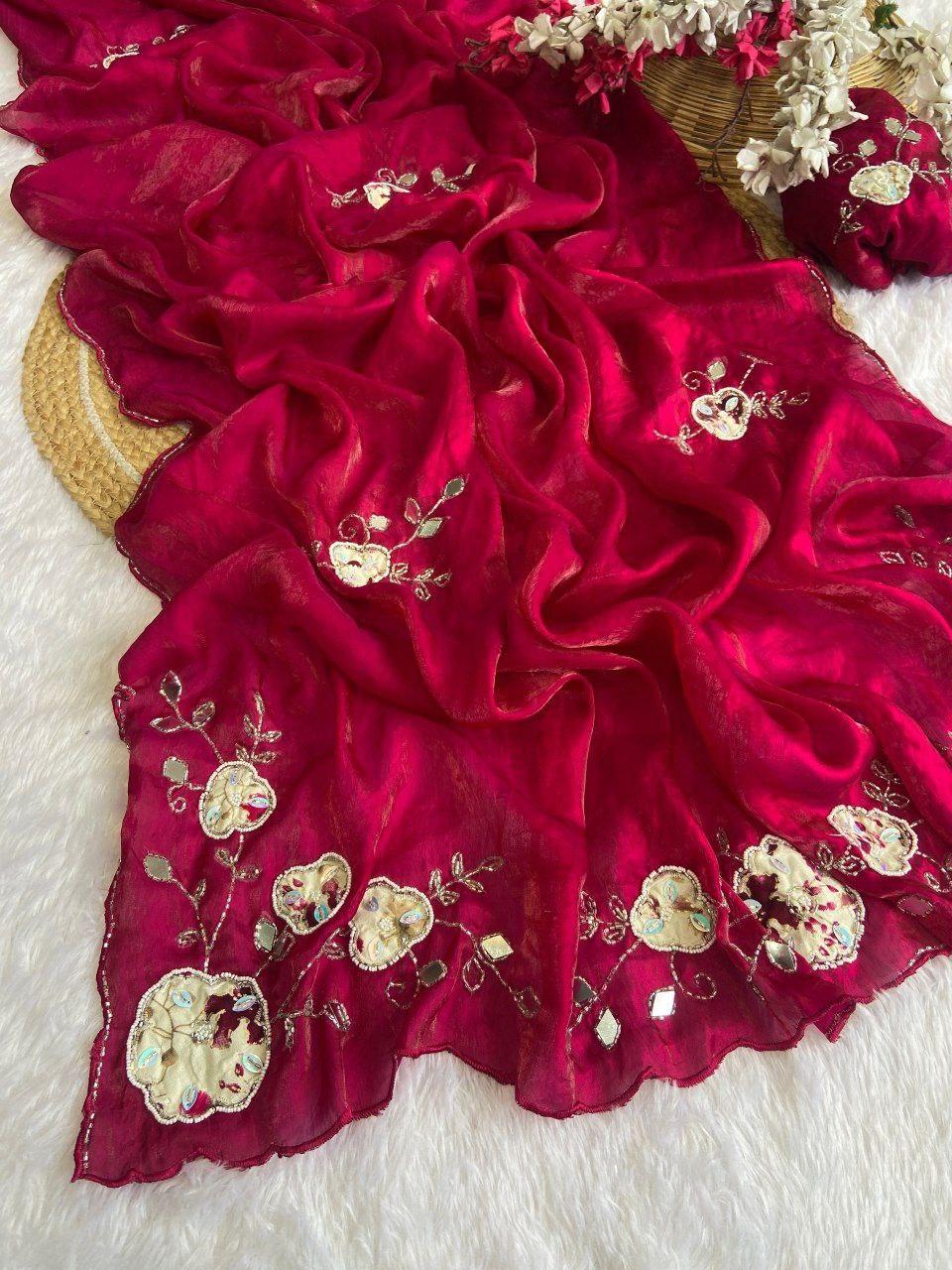 Elegant Fandy Satin Saree with Floral Embroidery and Mirror Work