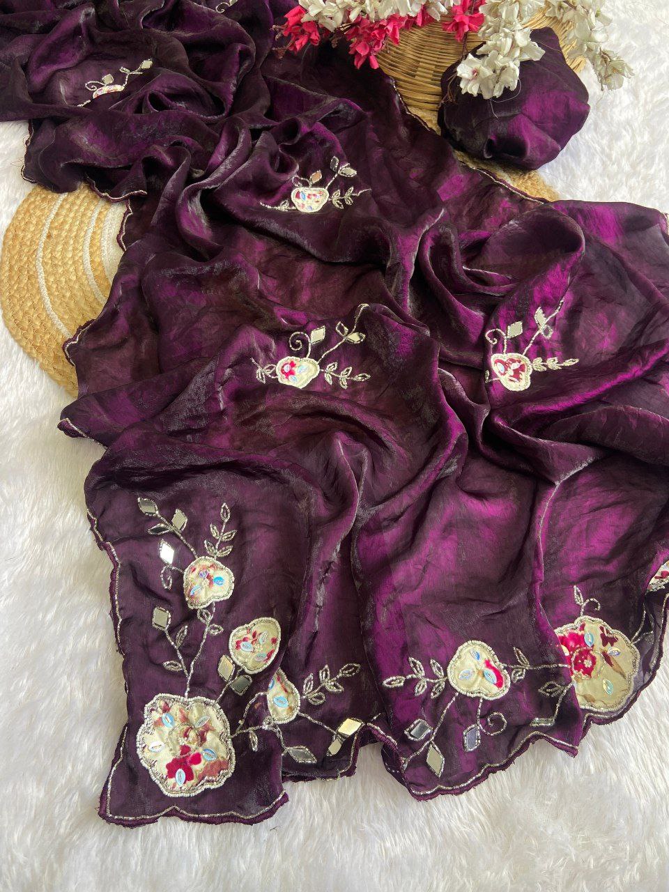 Elegant Fandy Satin Saree with Floral Embroidery and Mirror Work