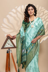 Ethereal Mint Green Silk Blend Saree with Enchanted Forest Animal Motifs