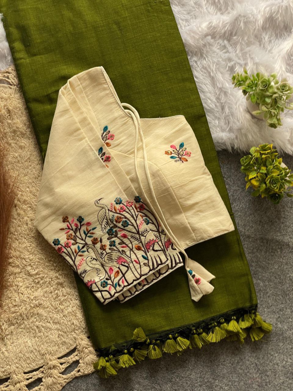 Elegant Cotton Saree Set with Ready Blouse With Bird and Floral Embroidery