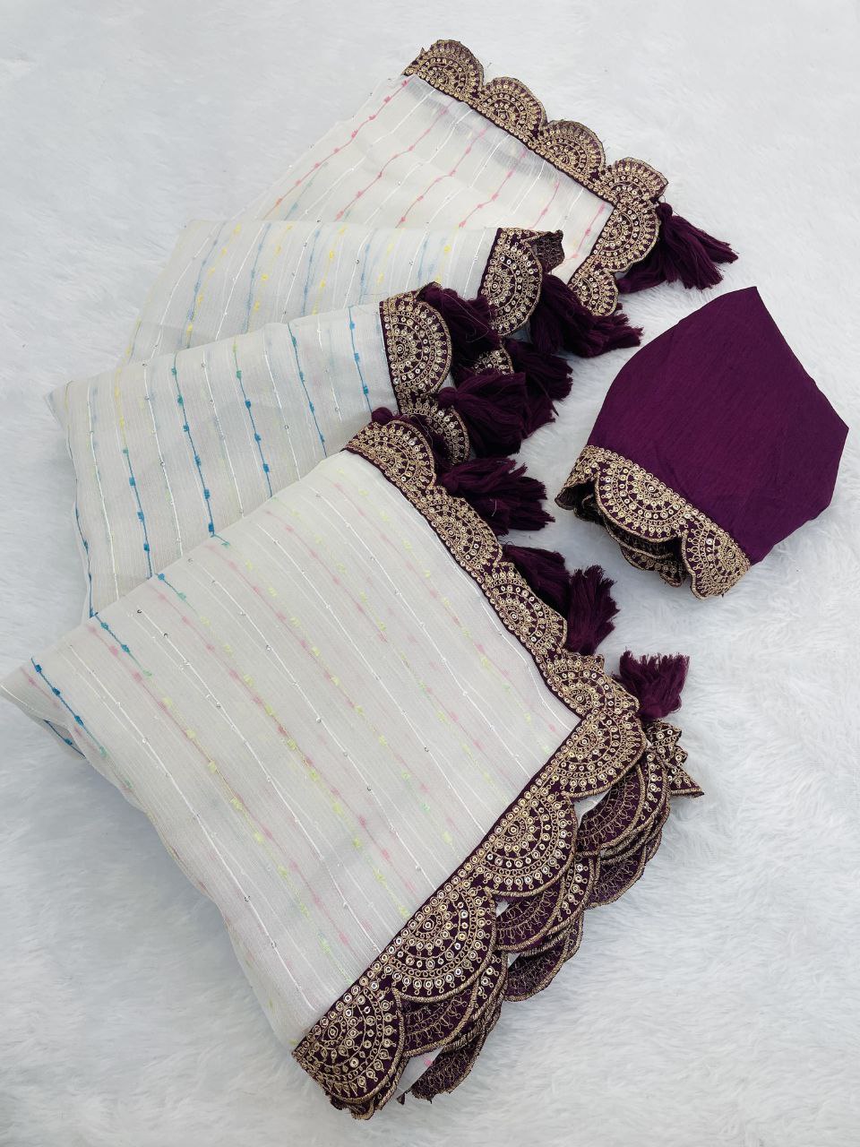 Designer Saree with Embellished Lace Border and Tassels