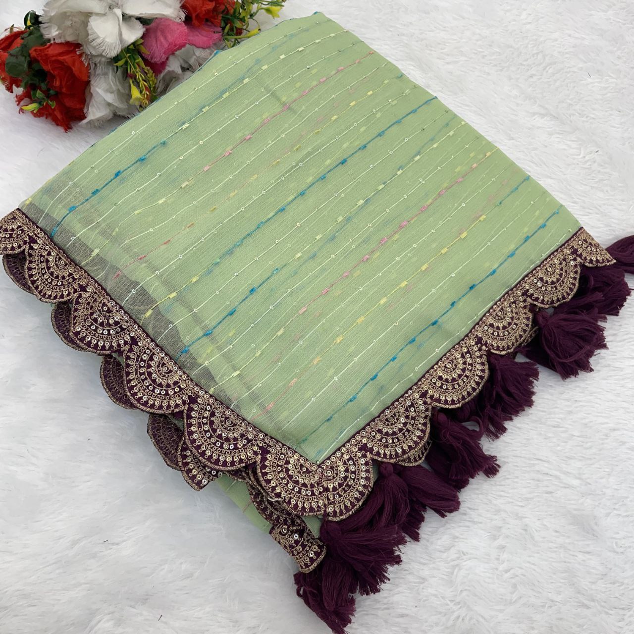 Designer Saree with Embellished Lace Border and Tassels