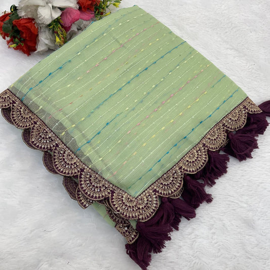 Designer Saree with Embellished Lace Border and Tassels